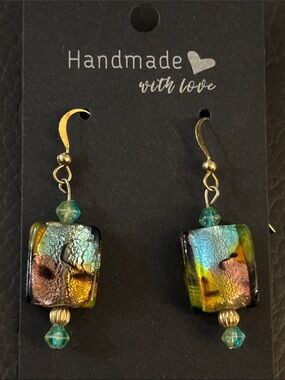 Handmade Multicolor Dichroic Glass Drop Earrings - Gold tone Hooks